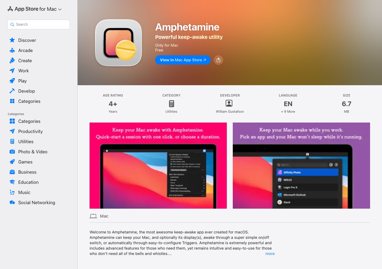 Amphetamine App Store listing showing the keep-awake trigger settings