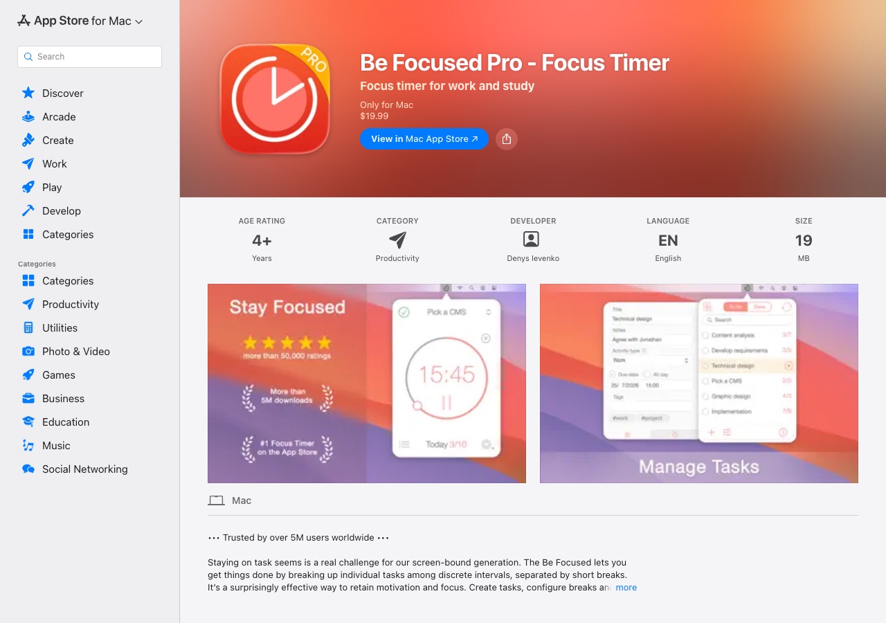 Be Focused App Store listing showing the menu bar timer with task list