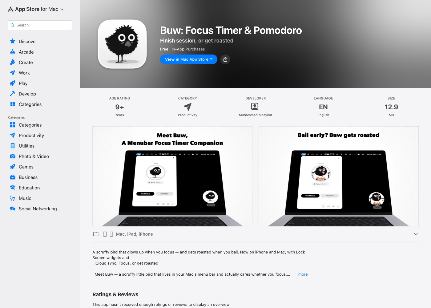 Buw Mac App Store listing showing the menu bar timer and the roasted bird