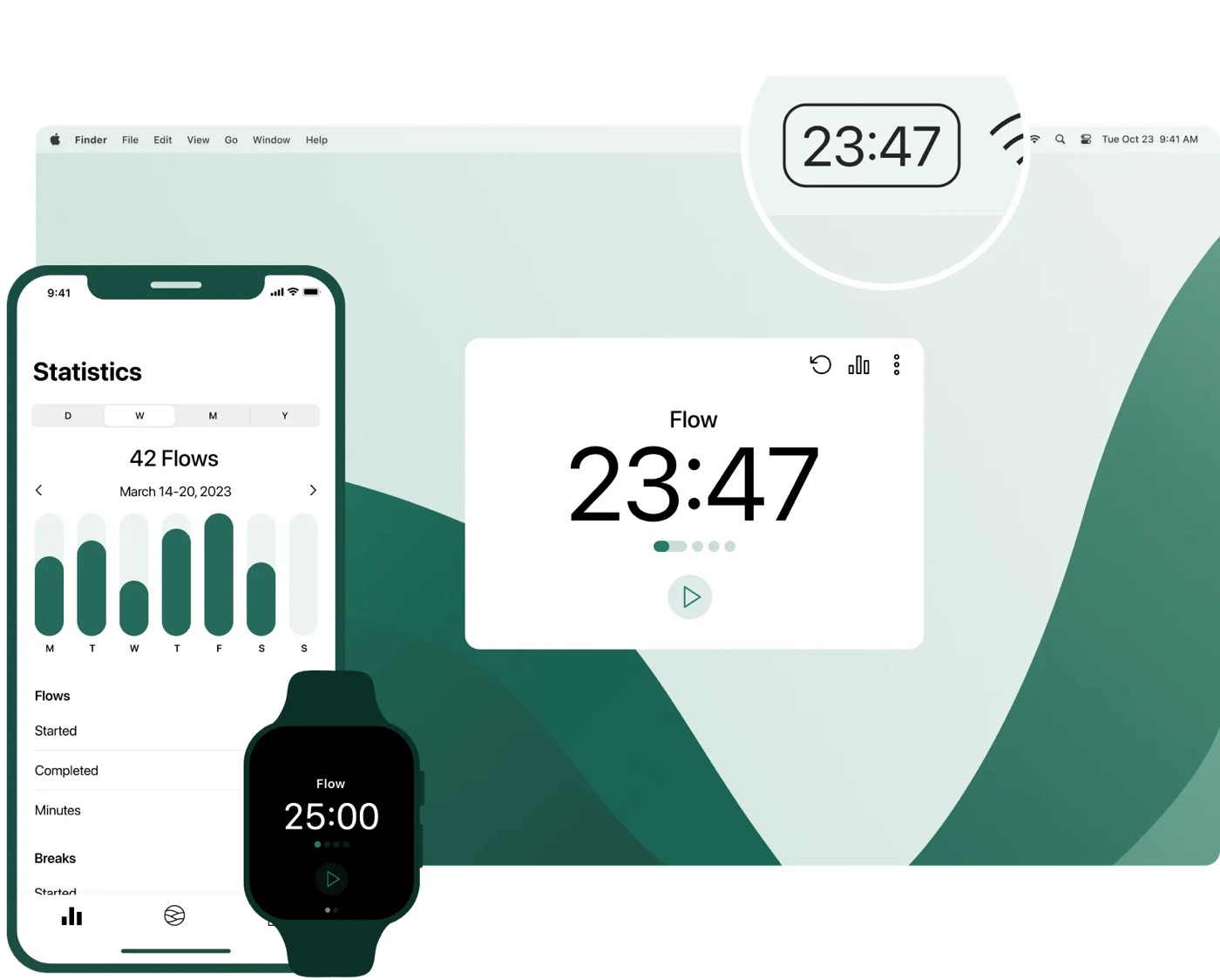 Flow app timer popover shown across Mac menu bar, iPhone, and Apple Watch