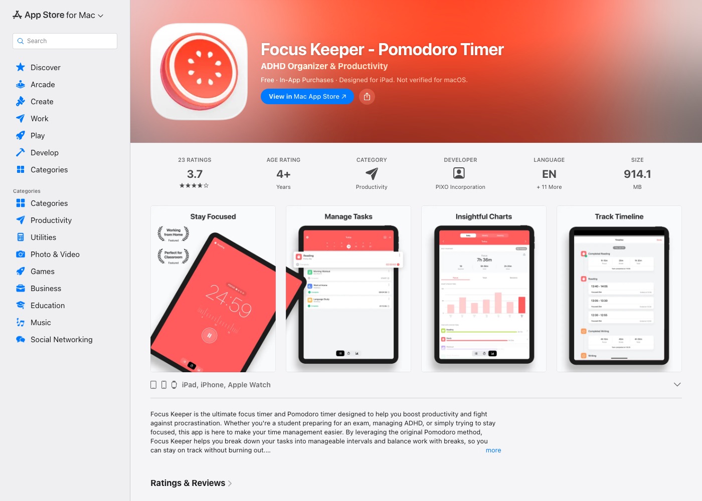 Focus Keeper App Store listing showing the dial timer and productivity charts
