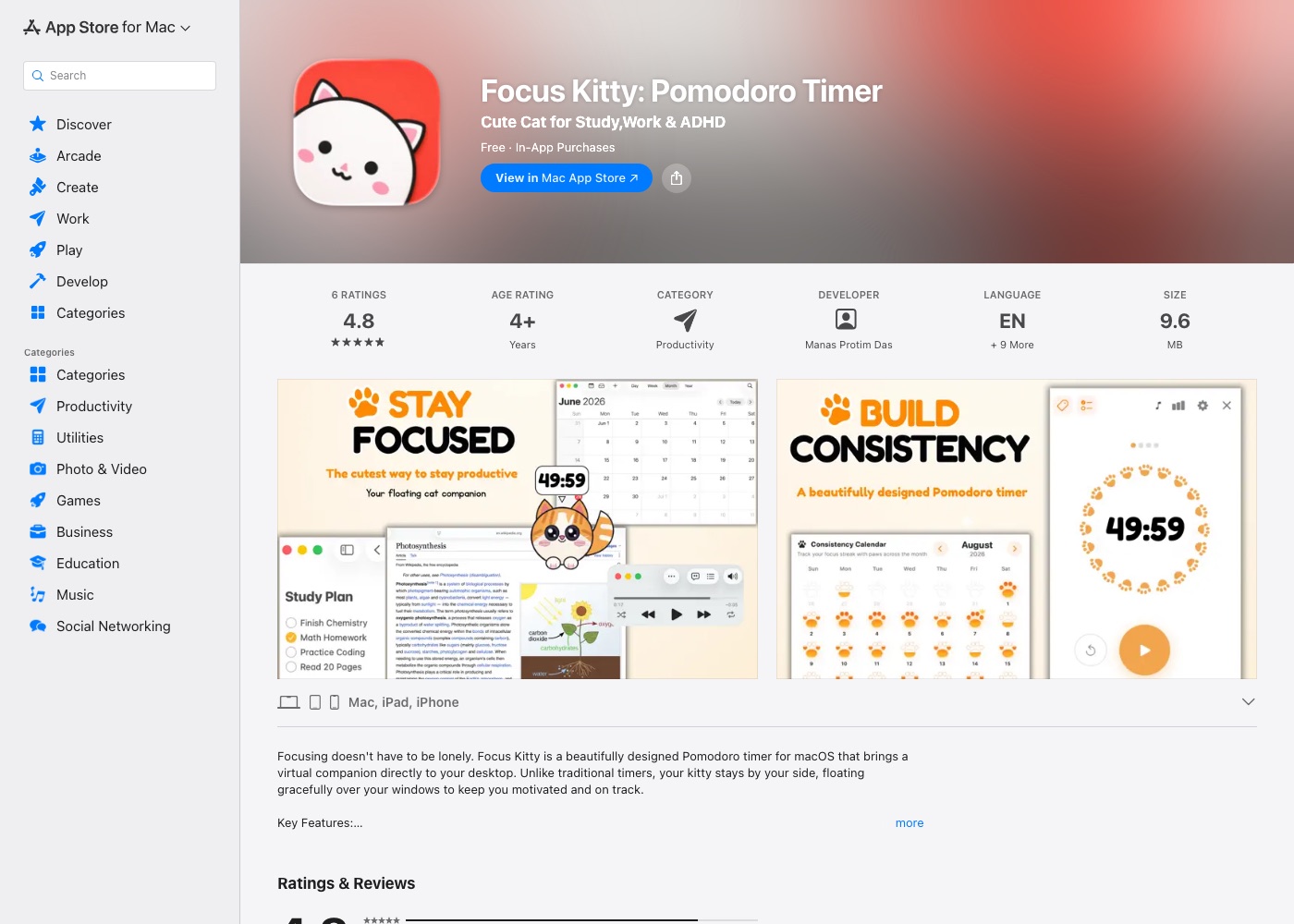 Focus Kitty Mac App Store listing showing the floating companion over a Safari window