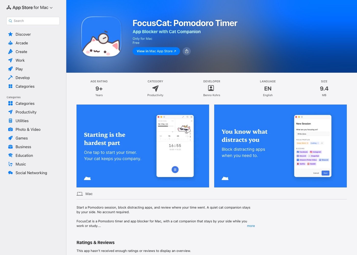 FocusCat App Store listing showing the timer window and the app blocking screen