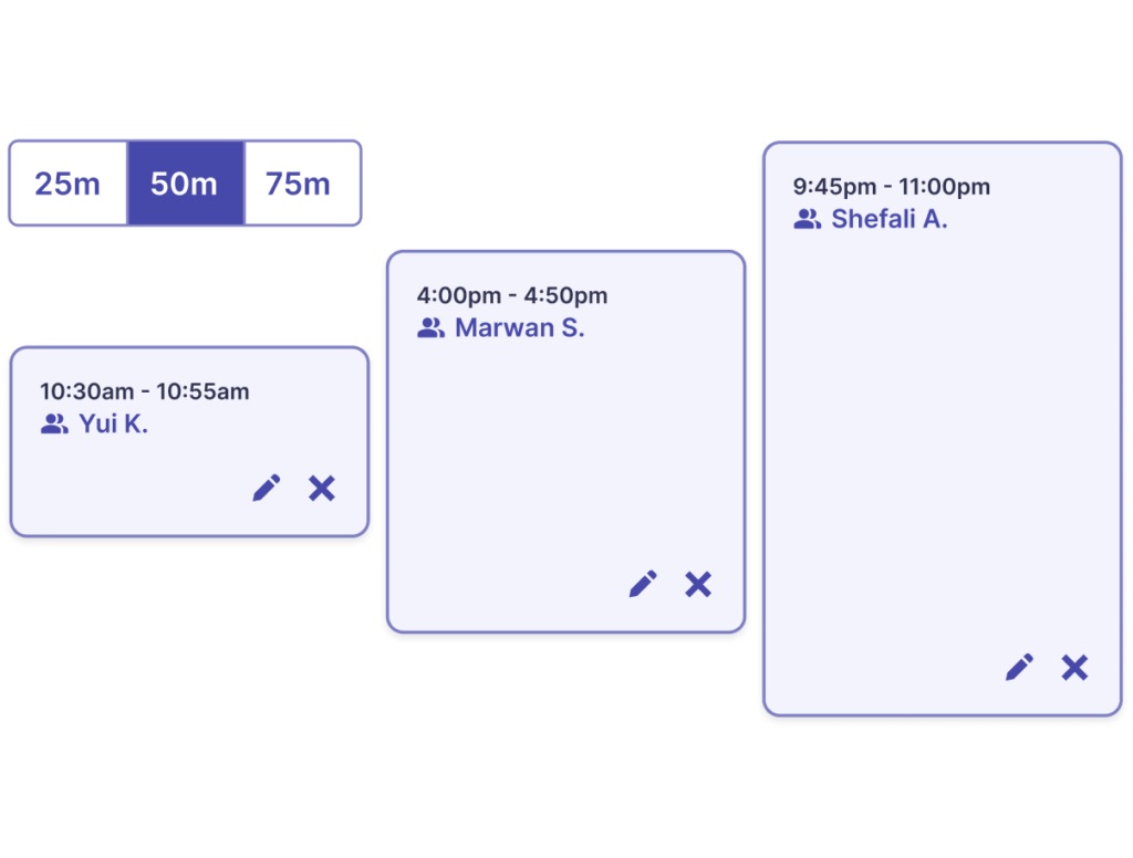 Focusmate session-duration selector and scheduled partner-session cards