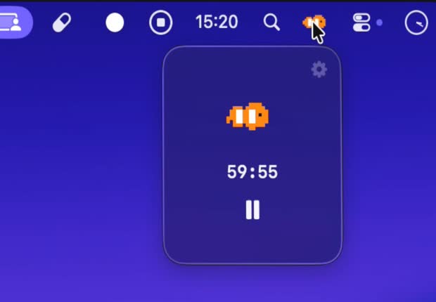 FocusPet menu bar popover on a Mac desktop showing the pixel fish above a 59:55 countdown