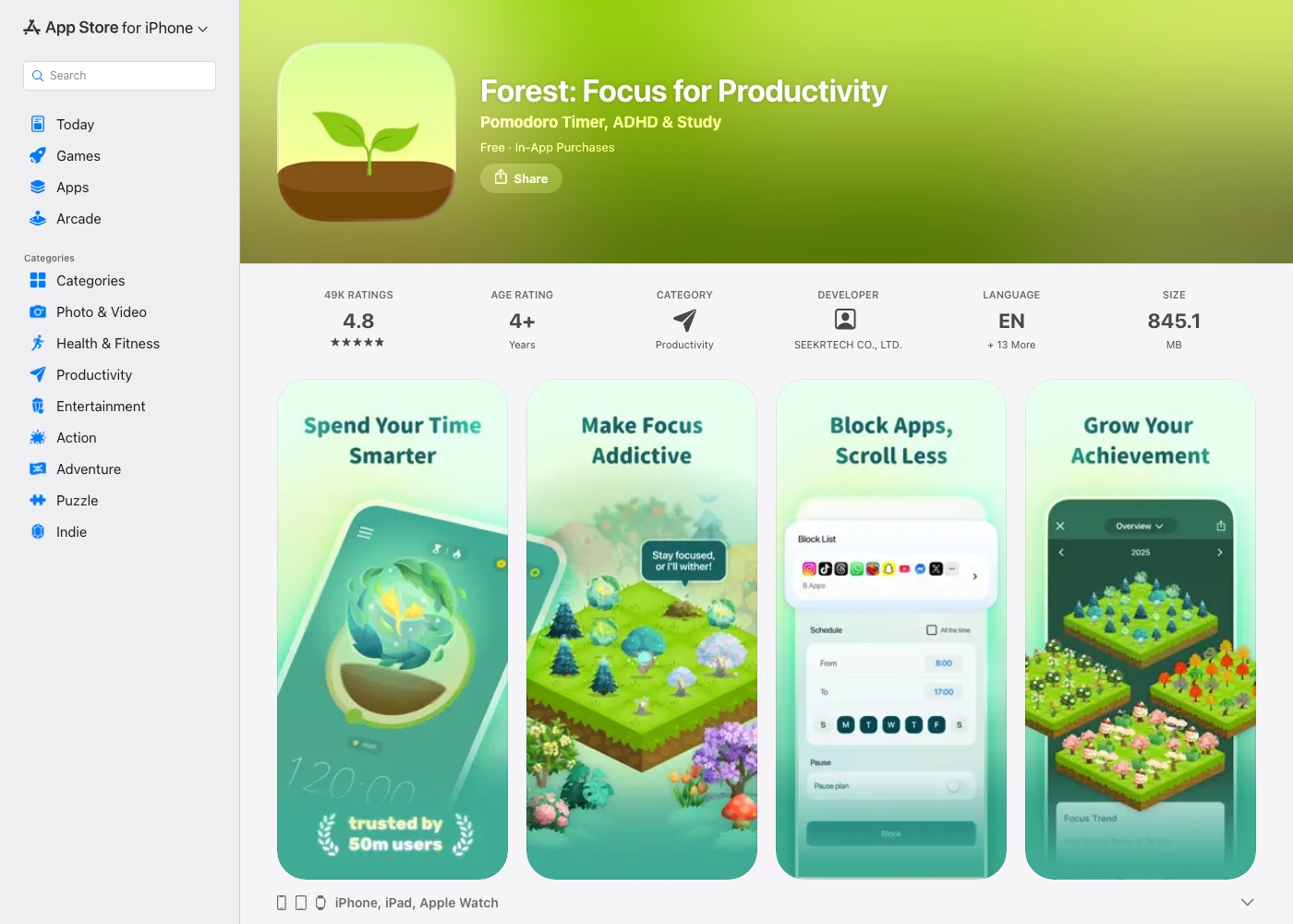 Forest App Store listing showing the tree-growing focus session screens