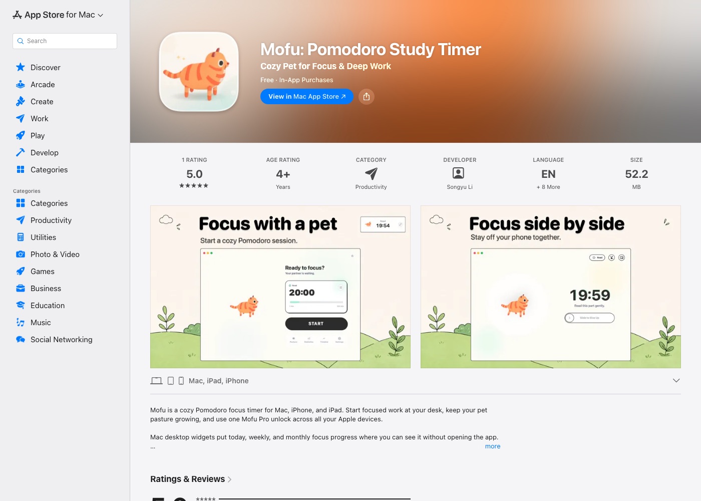 Mofu Mac App Store listing showing the timer window on a pasture background