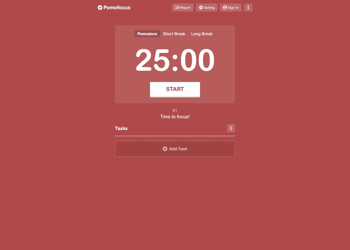 Pomofocus web timer showing a 25:00 countdown and task list
