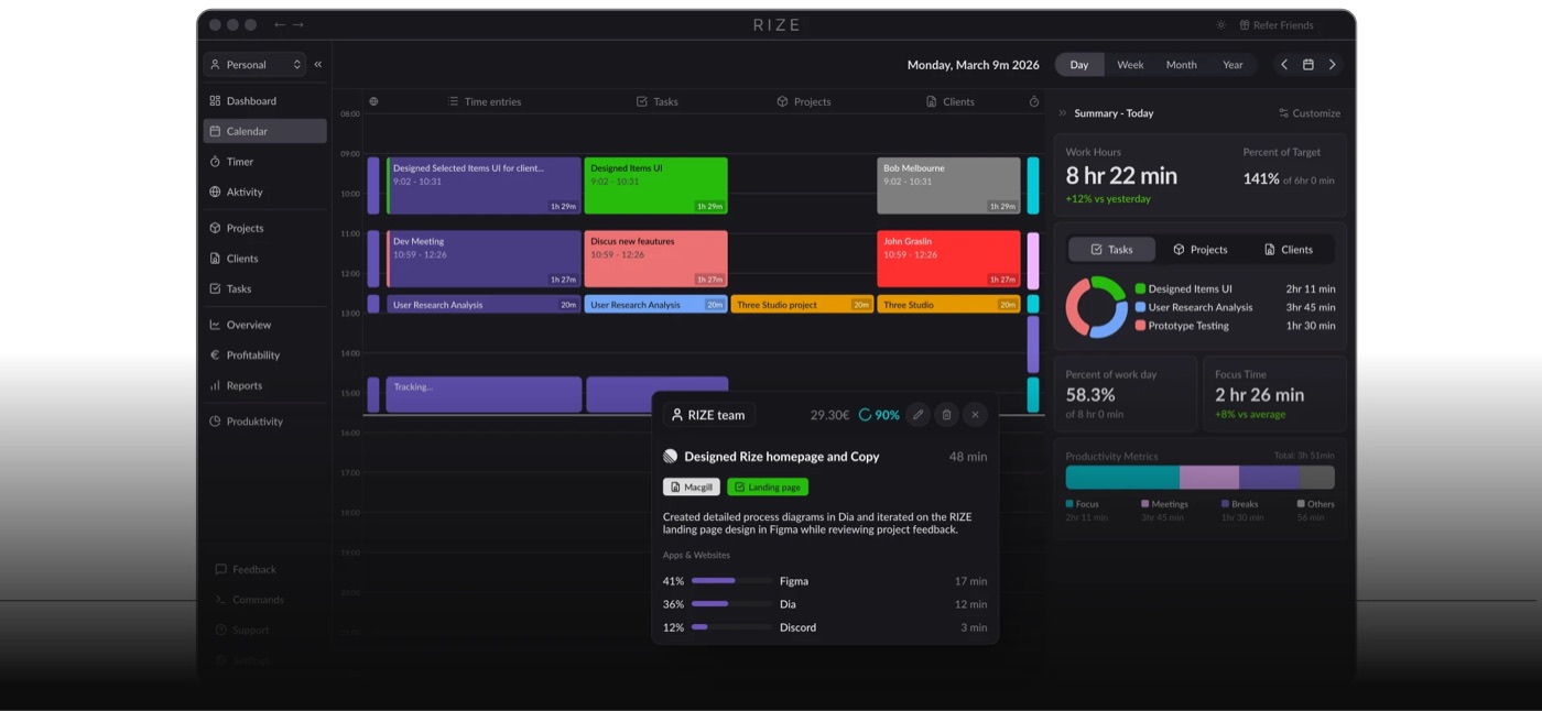 Rize dark-mode dashboard with a calendar timeline and productivity metrics