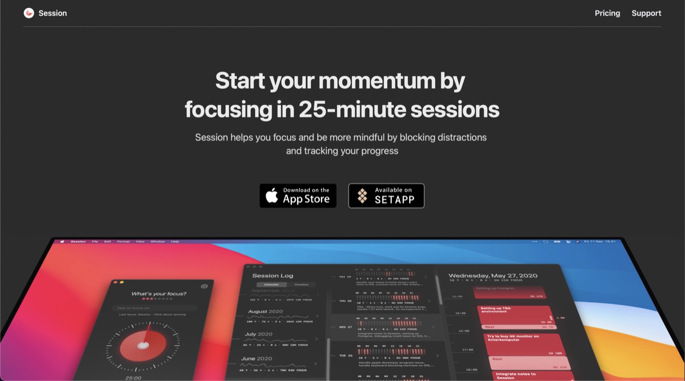 Session app showing the menu bar timer and post-session log widget