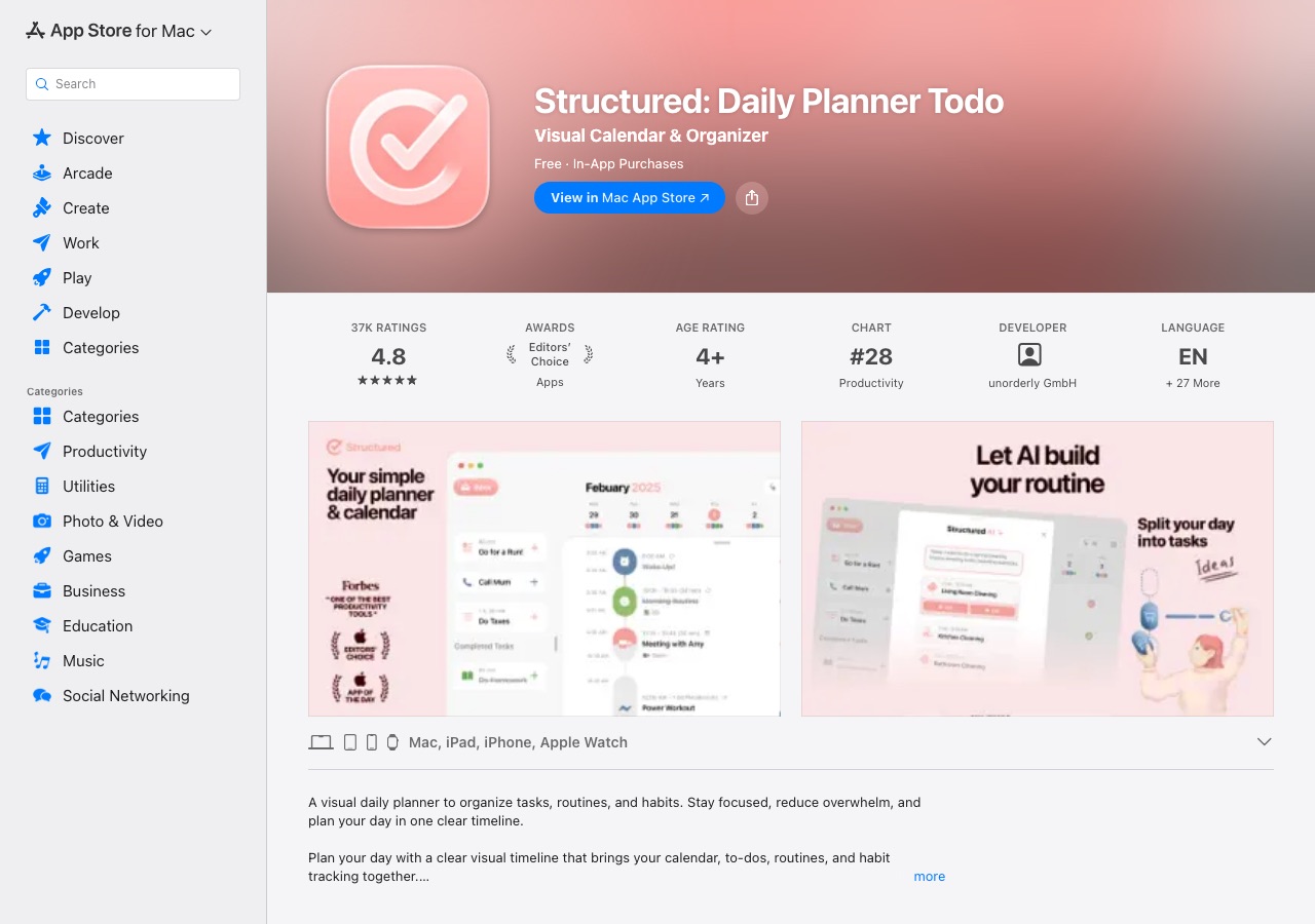 Structured Daily Planner App Store listing showing the drag-and-drop timeline