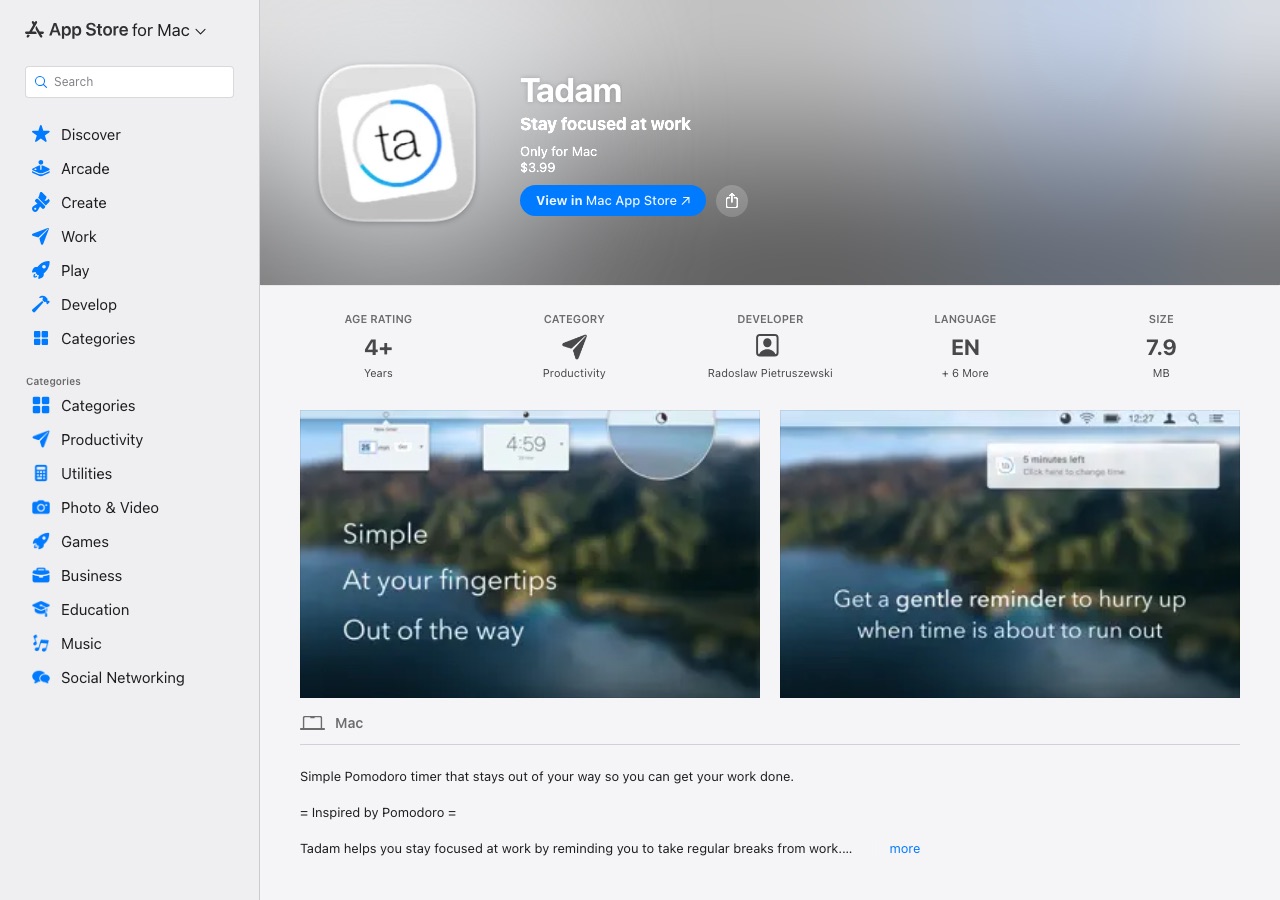 Tadam App Store listing showing the minimal menu bar Pomodoro timer