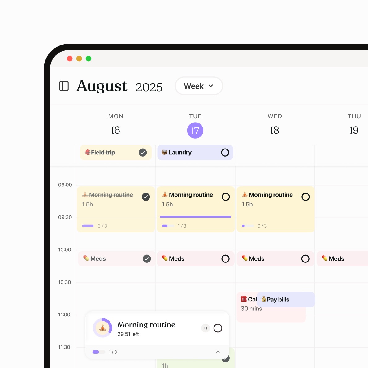 Tiimo desktop week timeline with tasks and an active timer overlay