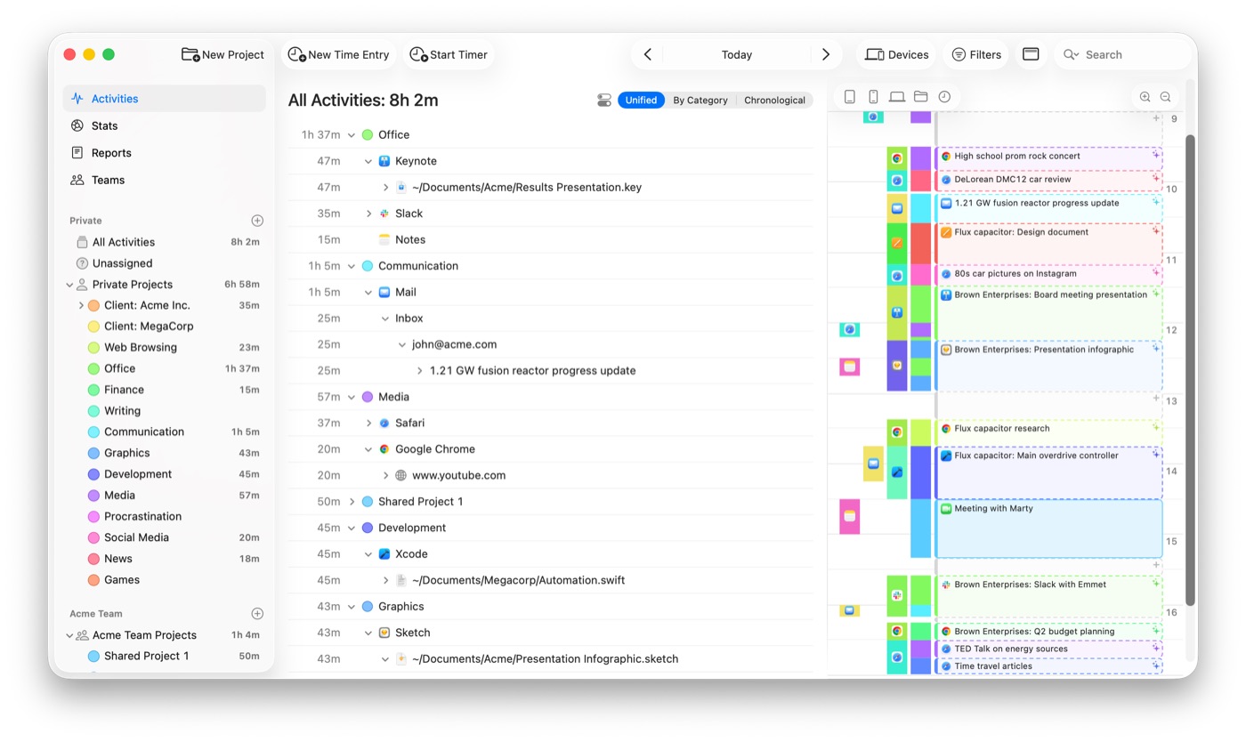 Timing app All Activities unified timeline with app and website breakdown