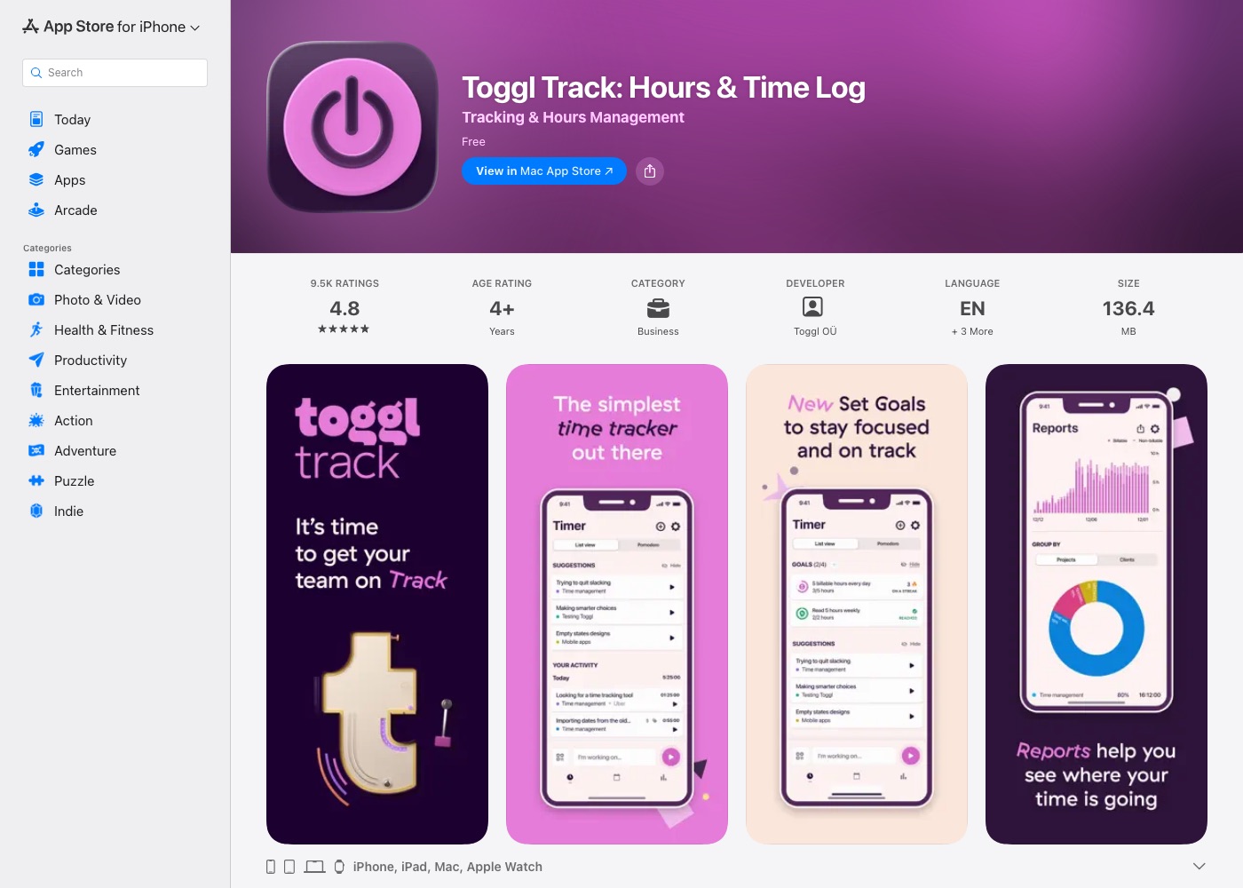 Toggl Track App Store listing showing the timer and time-tracking reports