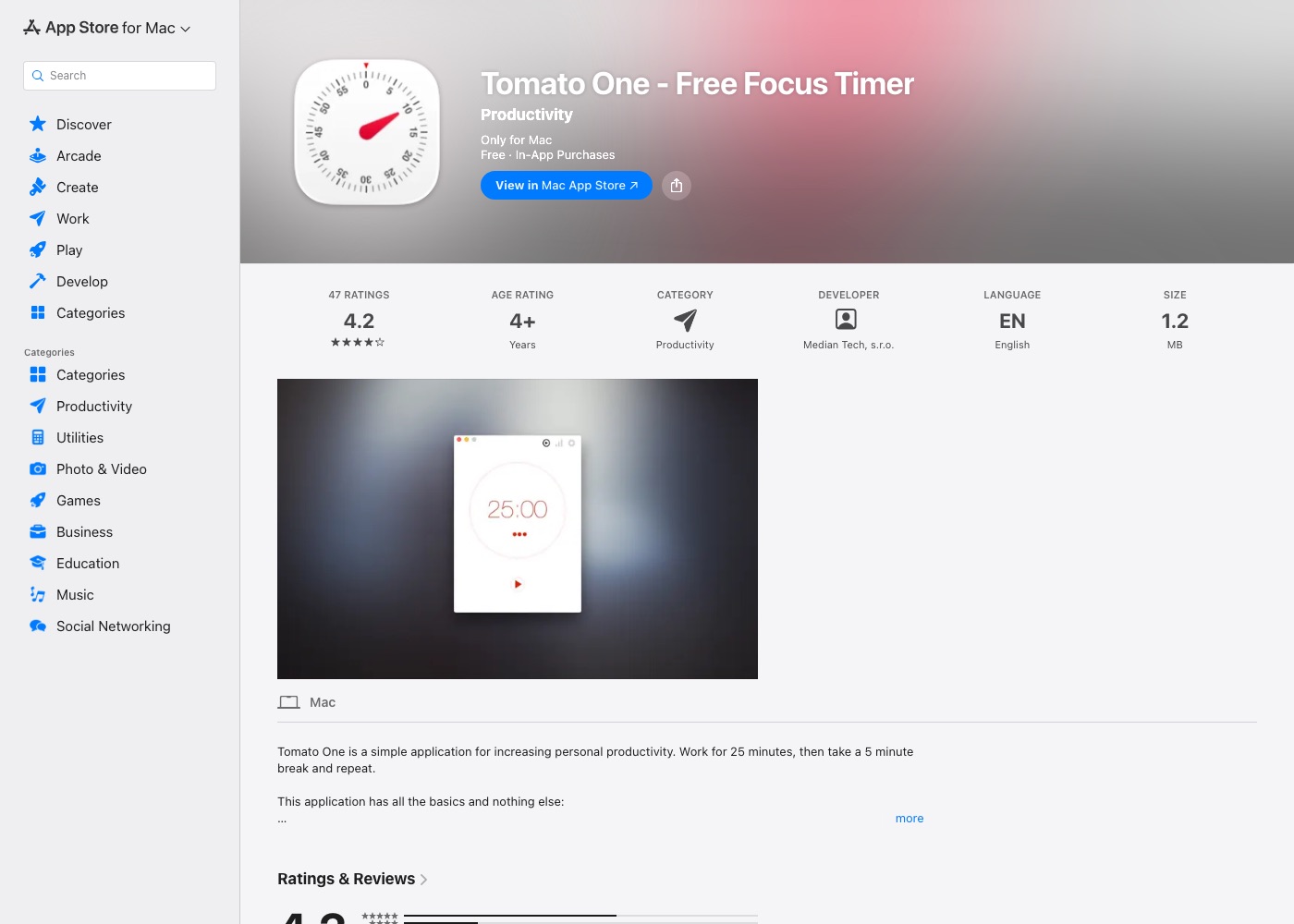 Tomato One App Store listing showing the small floating menu bar timer window
