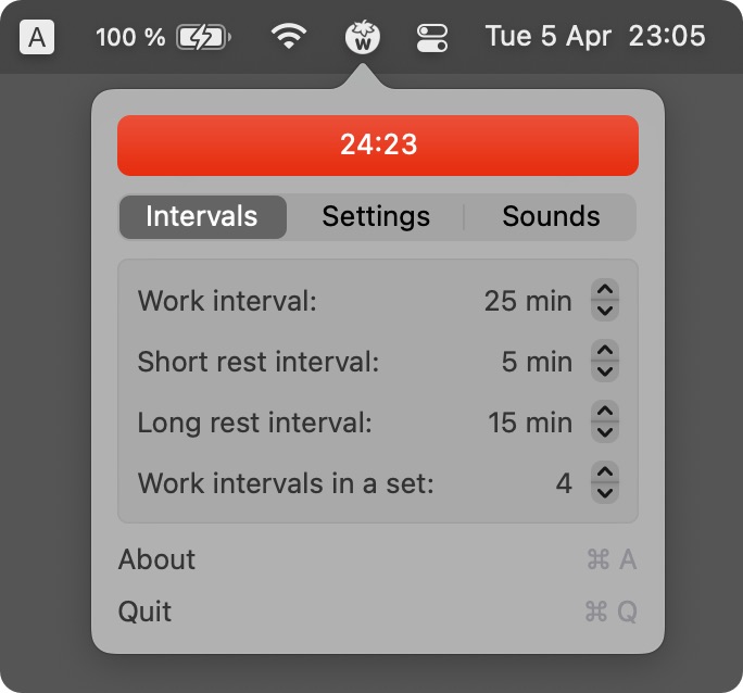 TomatoBar menu bar popover with Intervals, Settings, and Sounds tabs